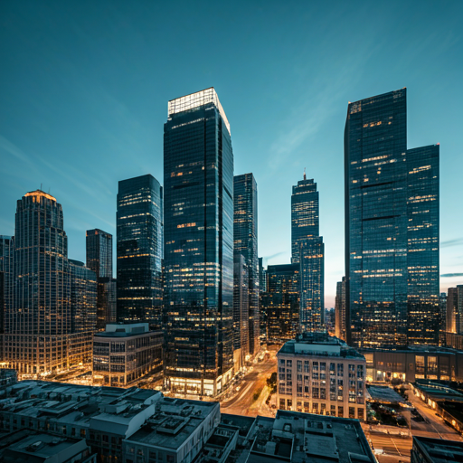 A high-resolution, professional architectural shot of a financial district skyscraper skyline during the blue hour.